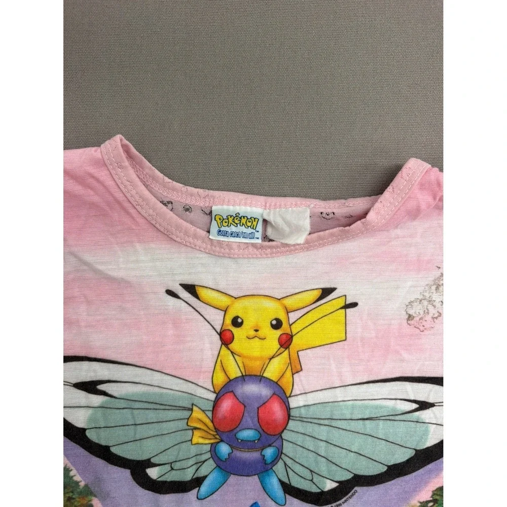 Vintage 1999 Pokemon T-Shirt Pink Heart Pointelle Pikachu Charmander Girls 1892